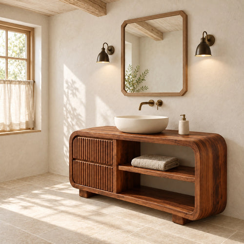 Bathroom Vanity with Fluted Cabinet Door and Open Shelving in Natural Solid Wood - Woodenecho - 1