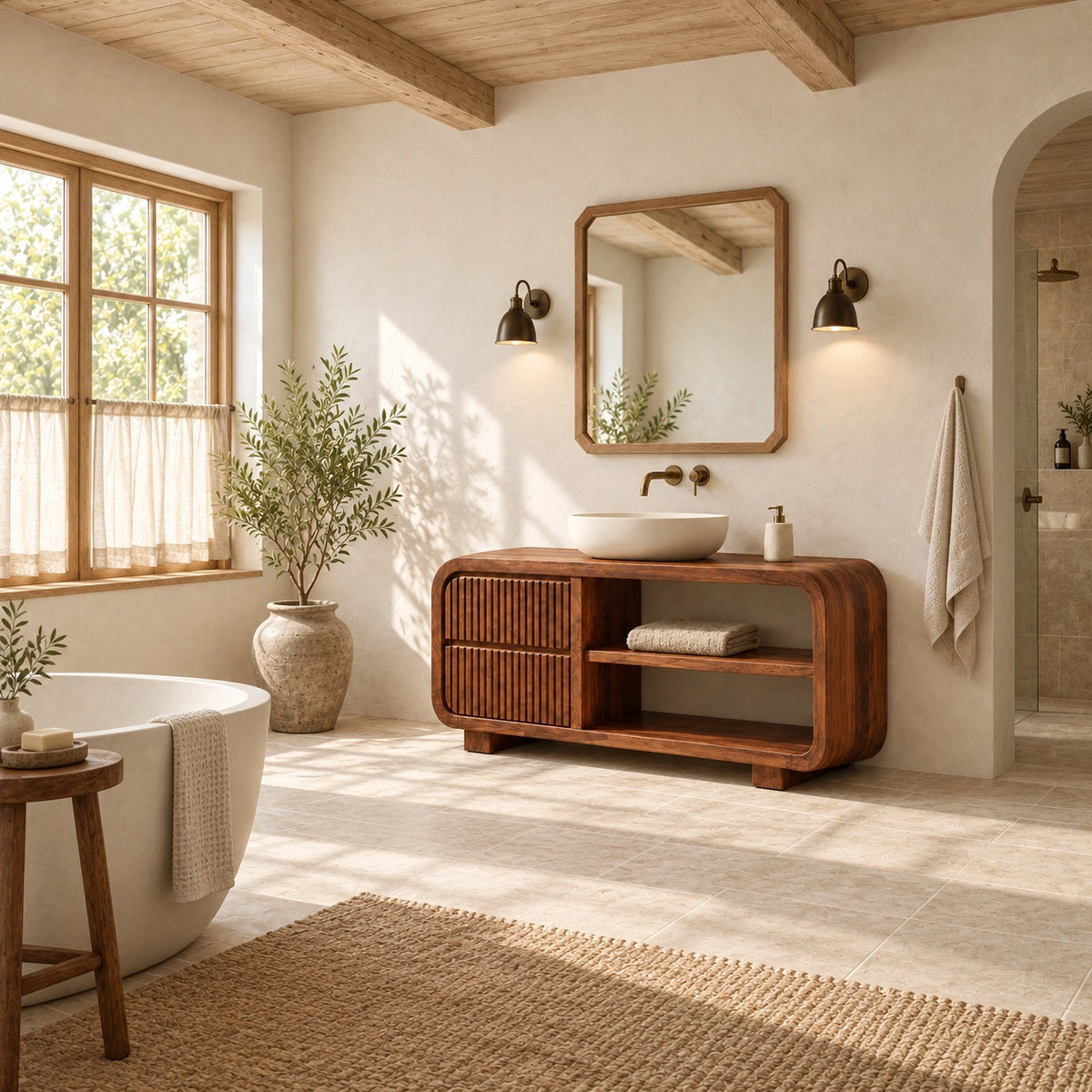 Bathroom Vanity with Fluted Cabinet Door and Open Shelving in Natural Solid Wood - Woodenecho - 2