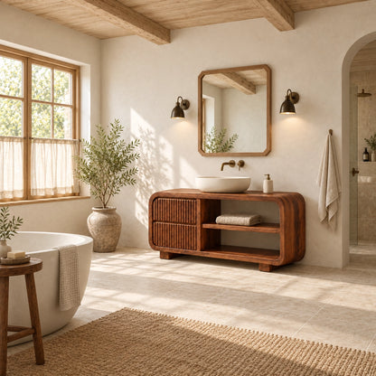 Bathroom Vanity with Fluted Cabinet Door and Open Shelving in Natural Solid Wood - Woodenecho - 2