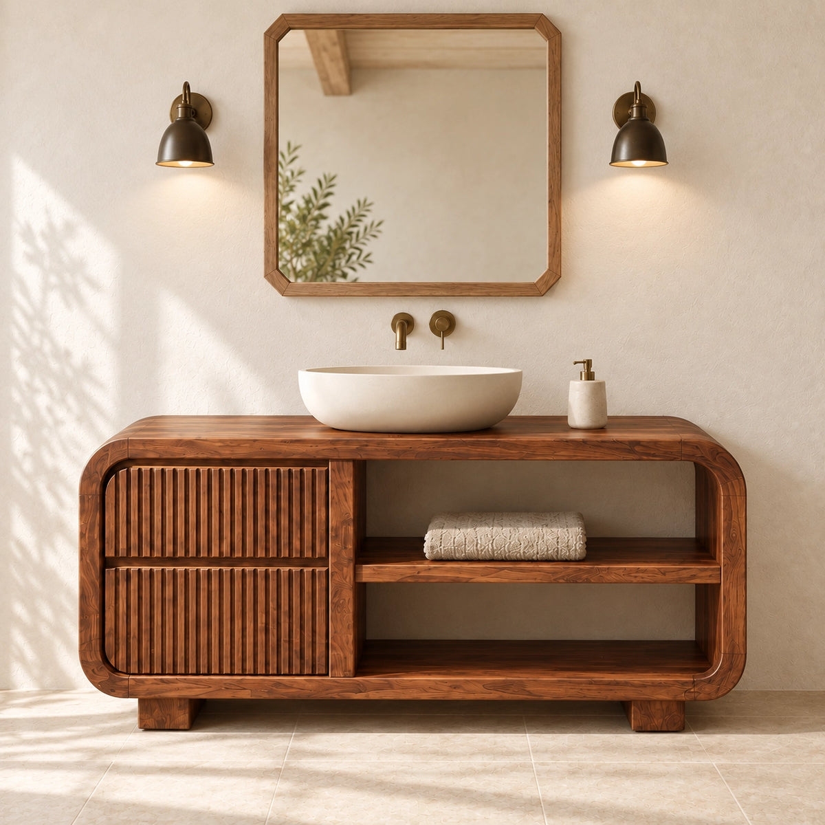Bathroom Vanity with Fluted Cabinet Door and Open Shelving in Natural Solid Wood - Woodenecho - 3