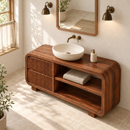 Bathroom Vanity with Fluted Cabinet Door and Open Shelving in Natural Solid Wood - Woodenecho - 4