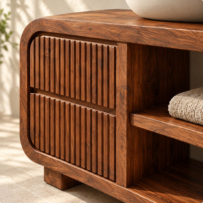 Bathroom Vanity with Fluted Cabinet Door and Open Shelving in Natural Solid Wood - Woodenecho - 5