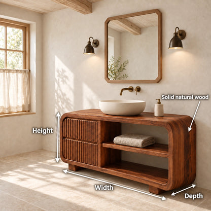 Bathroom Vanity with Fluted Cabinet Door and Open Shelving in Natural Solid Wood - Woodenecho - 6