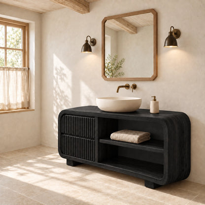 Bathroom Vanity with Fluted Cabinet Door and Open Shelving in Natural Solid Wood - Woodenecho - 7