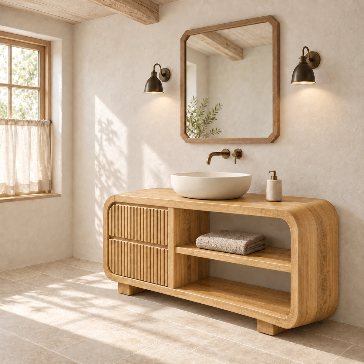 Bathroom Vanity with Fluted Cabinet Door and Open Shelving in Natural Solid Wood - Woodenecho - 8