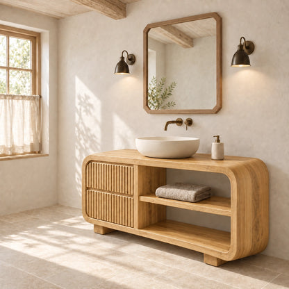 Bathroom Vanity with Fluted Cabinet Door and Open Shelving in Natural Solid Wood - Woodenecho - 8