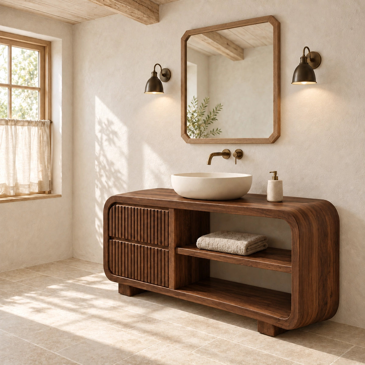 Bathroom Vanity with Fluted Cabinet Door and Open Shelving in Natural Solid Wood - Woodenecho - 9