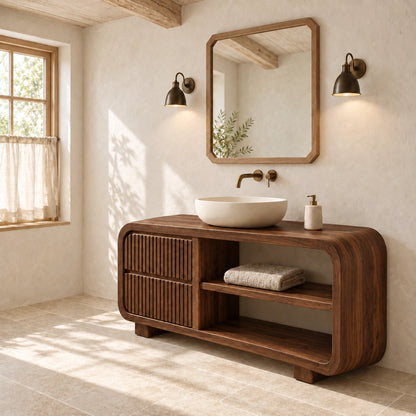 Bathroom Vanity with Fluted Cabinet Door and Open Shelving in Natural Solid Wood - Woodenecho - 9