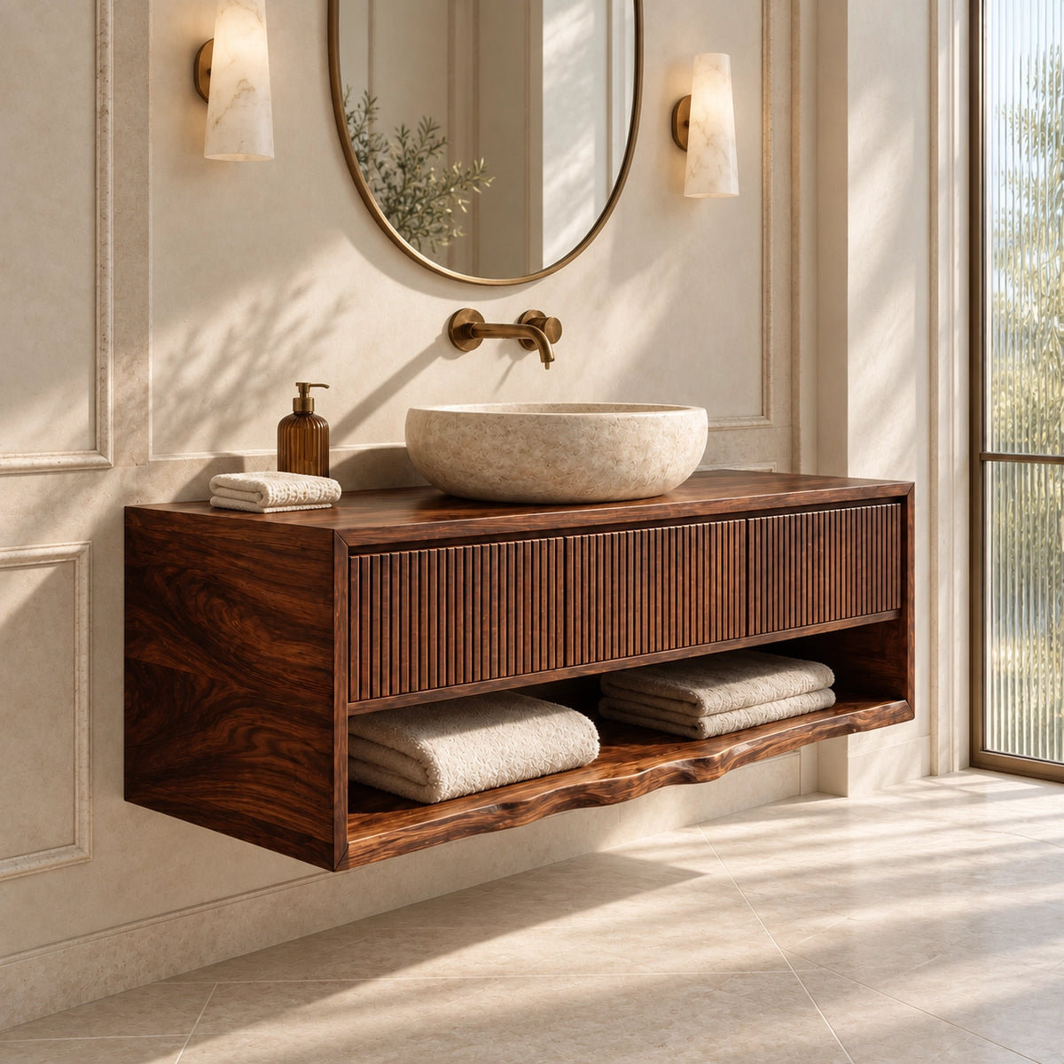 Bathroom Vanity with Fluted Drawer and Open Shelf in Natural Solid Wood - Woodenecho - 1