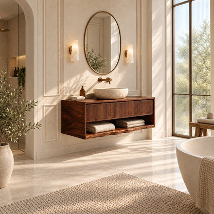 Bathroom Vanity with Fluted Drawer and Open Shelf in Natural Solid Wood - Woodenecho - 2
