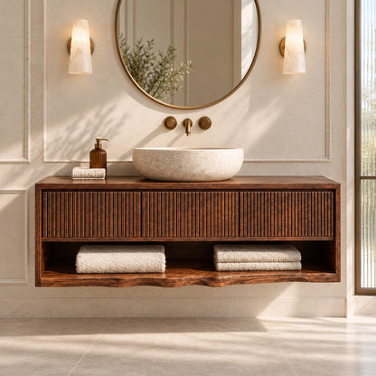 Bathroom Vanity with Fluted Drawer and Open Shelf in Natural Solid Wood - Woodenecho - 3