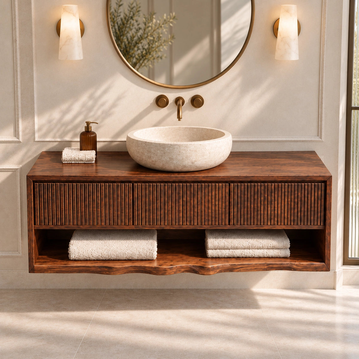 Bathroom Vanity with Fluted Drawer and Open Shelf in Natural Solid Wood - Woodenecho - 4