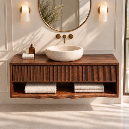 Bathroom Vanity with Fluted Drawer and Open Shelf in Natural Solid Wood - Woodenecho - 4