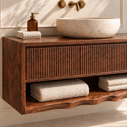 Bathroom Vanity with Fluted Drawer and Open Shelf in Natural Solid Wood - Woodenecho - 5