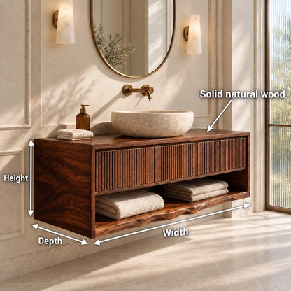 Bathroom Vanity with Fluted Drawer and Open Shelf in Natural Solid Wood - Woodenecho - 6