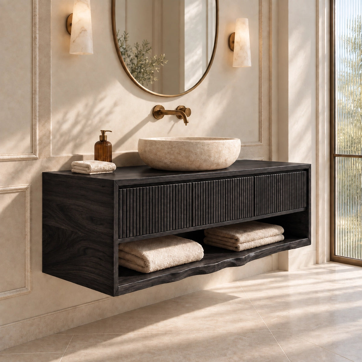 Bathroom Vanity with Fluted Drawer and Open Shelf in Natural Solid Wood - Woodenecho - 7