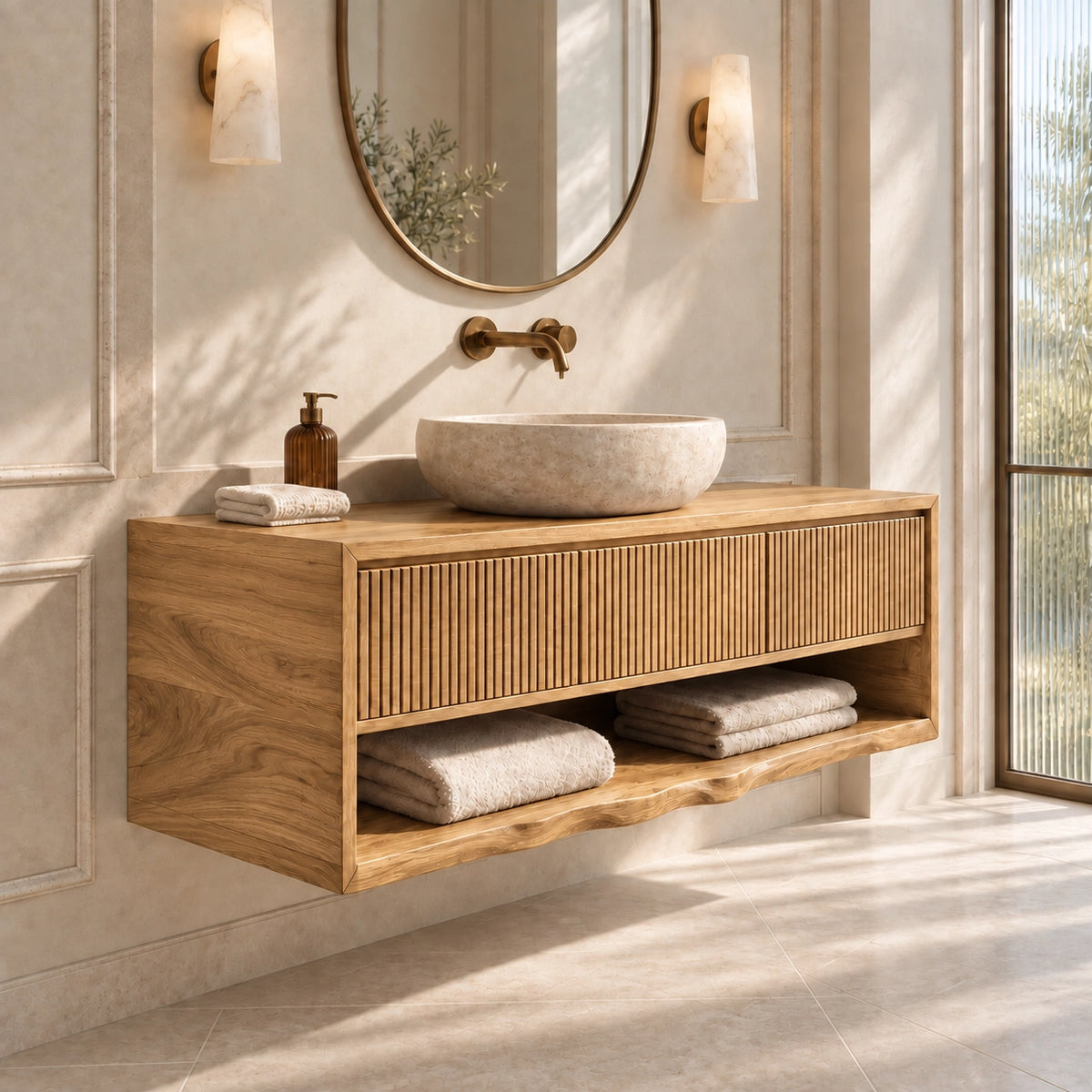 Bathroom Vanity with Fluted Drawer and Open Shelf in Natural Solid Wood - Woodenecho - 8