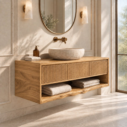 Bathroom Vanity with Fluted Drawer and Open Shelf in Natural Solid Wood - Woodenecho - 8
