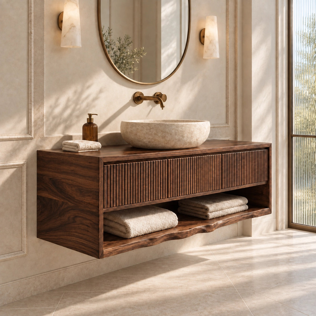 Bathroom Vanity with Fluted Drawer and Open Shelf in Natural Solid Wood - Woodenecho - 9