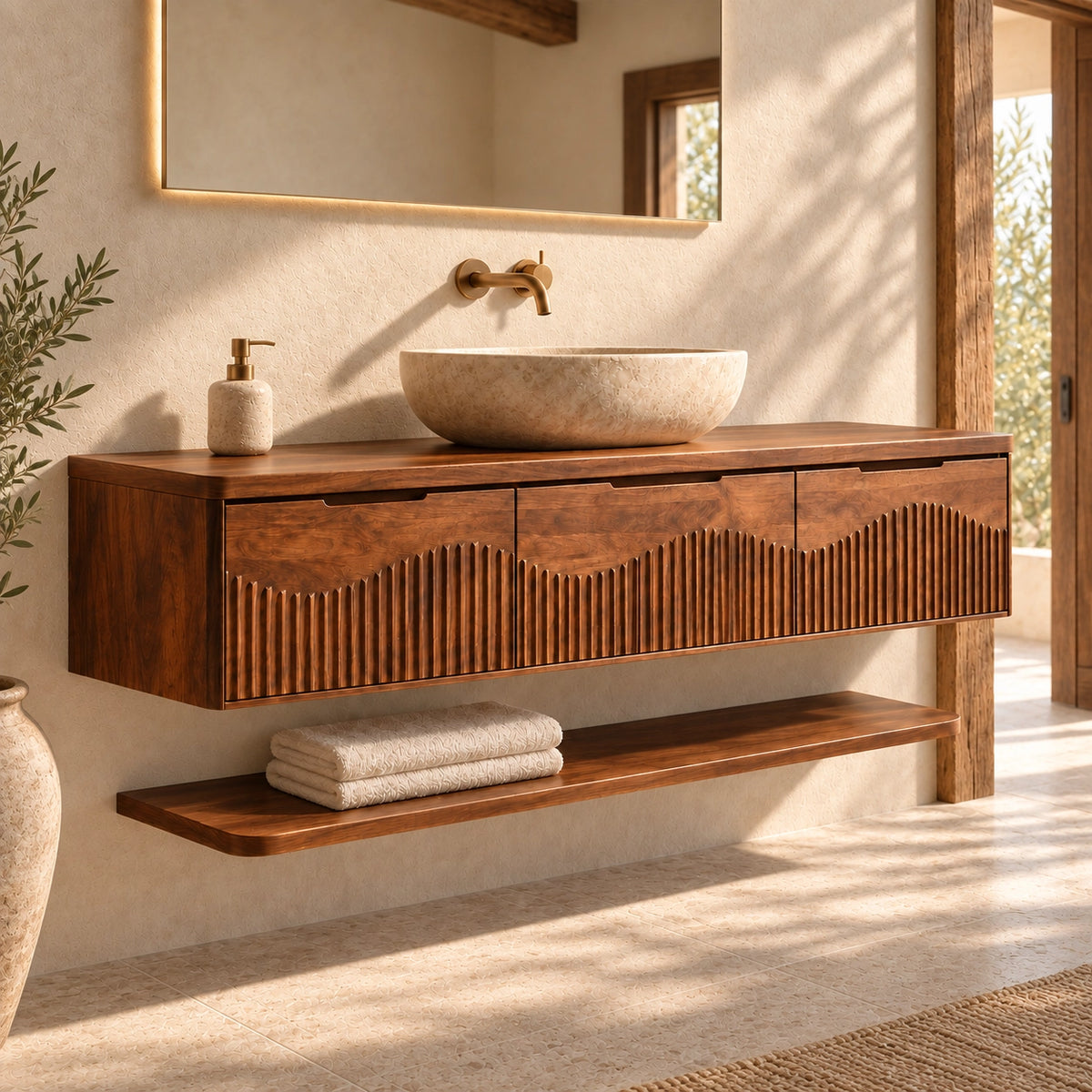 Bathroom Vanity with Fluted Wave-Carved Cabinet Doors in Natural Solid Wood - Woodenecho - 1