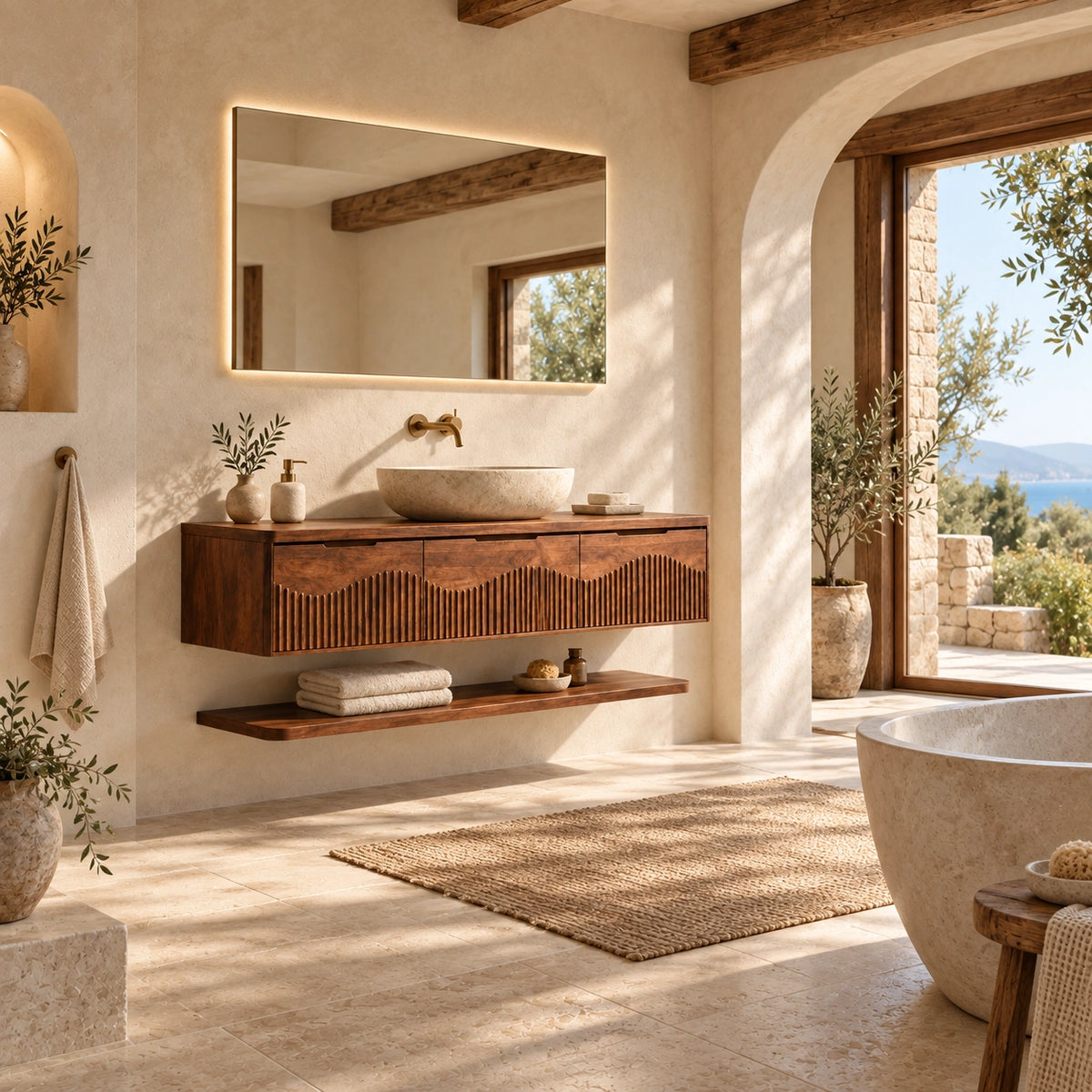 Bathroom Vanity with Fluted Wave-Carved Cabinet Doors in Natural Solid Wood - Woodenecho - 2