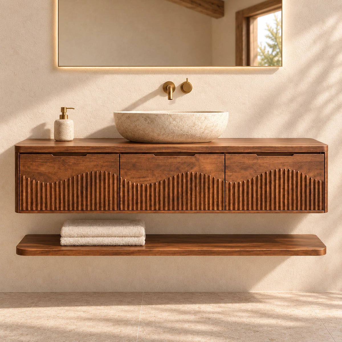 Bathroom Vanity with Fluted Wave-Carved Cabinet Doors in Natural Solid Wood - Woodenecho - 3