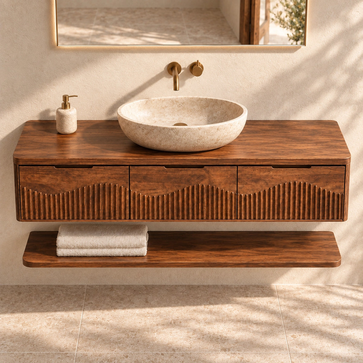 Bathroom Vanity with Fluted Wave-Carved Cabinet Doors in Natural Solid Wood - Woodenecho - 4