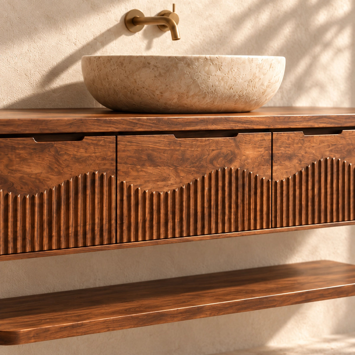 Bathroom Vanity with Fluted Wave-Carved Cabinet Doors in Natural Solid Wood - Woodenecho - 5