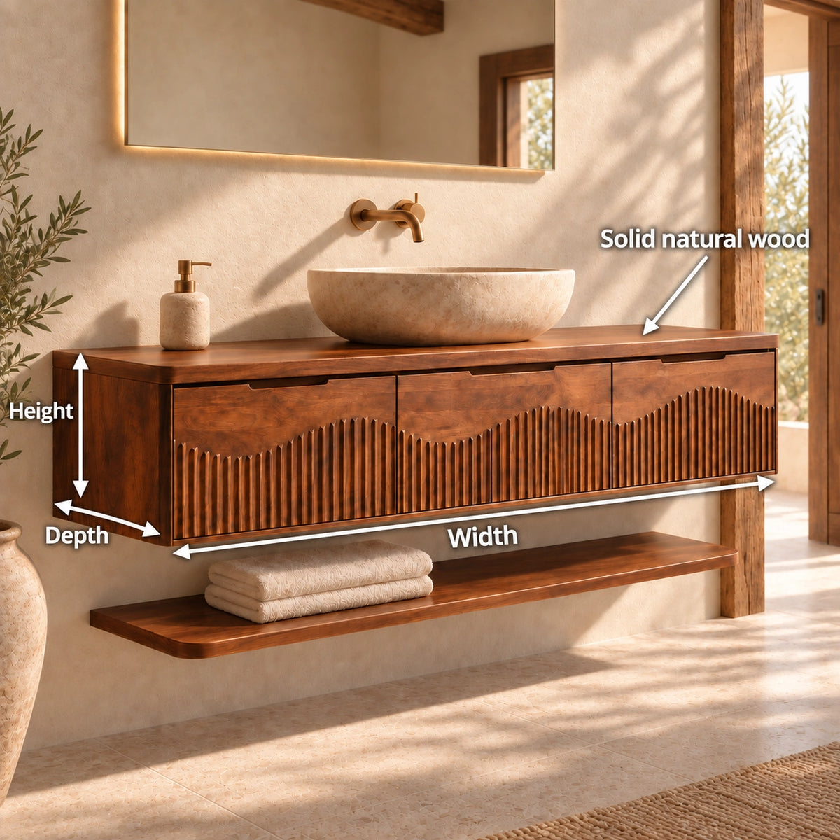 Bathroom Vanity with Fluted Wave-Carved Cabinet Doors in Natural Solid Wood - Woodenecho - 6