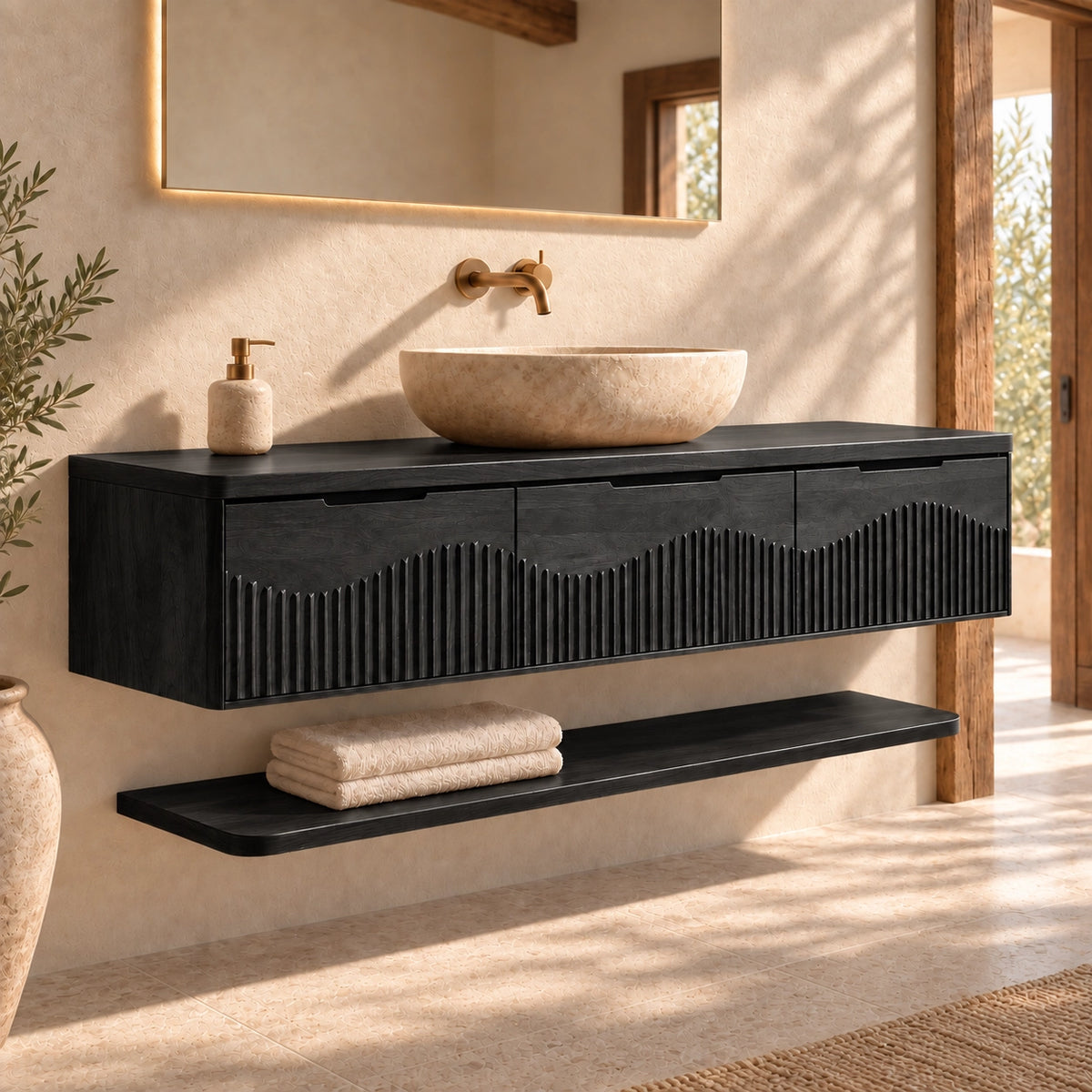 Bathroom Vanity with Fluted Wave-Carved Cabinet Doors in Natural Solid Wood - Woodenecho - 7