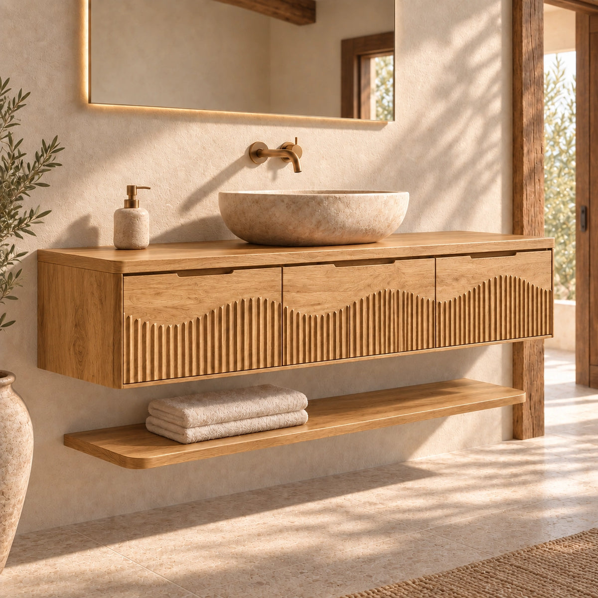 Bathroom Vanity with Fluted Wave-Carved Cabinet Doors in Natural Solid Wood - Woodenecho - 8
