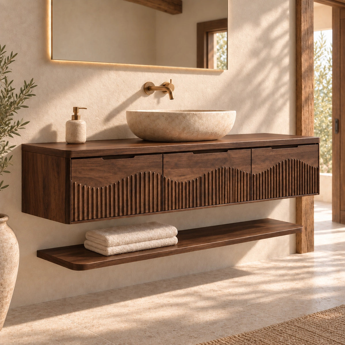 Bathroom Vanity with Fluted Wave-Carved Cabinet Doors in Natural Solid Wood - Woodenecho - 9