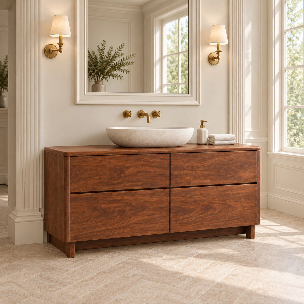 Bathroom Vanity with Four Functional Drawers in Natural Solid Wood - Woodenecho - 3