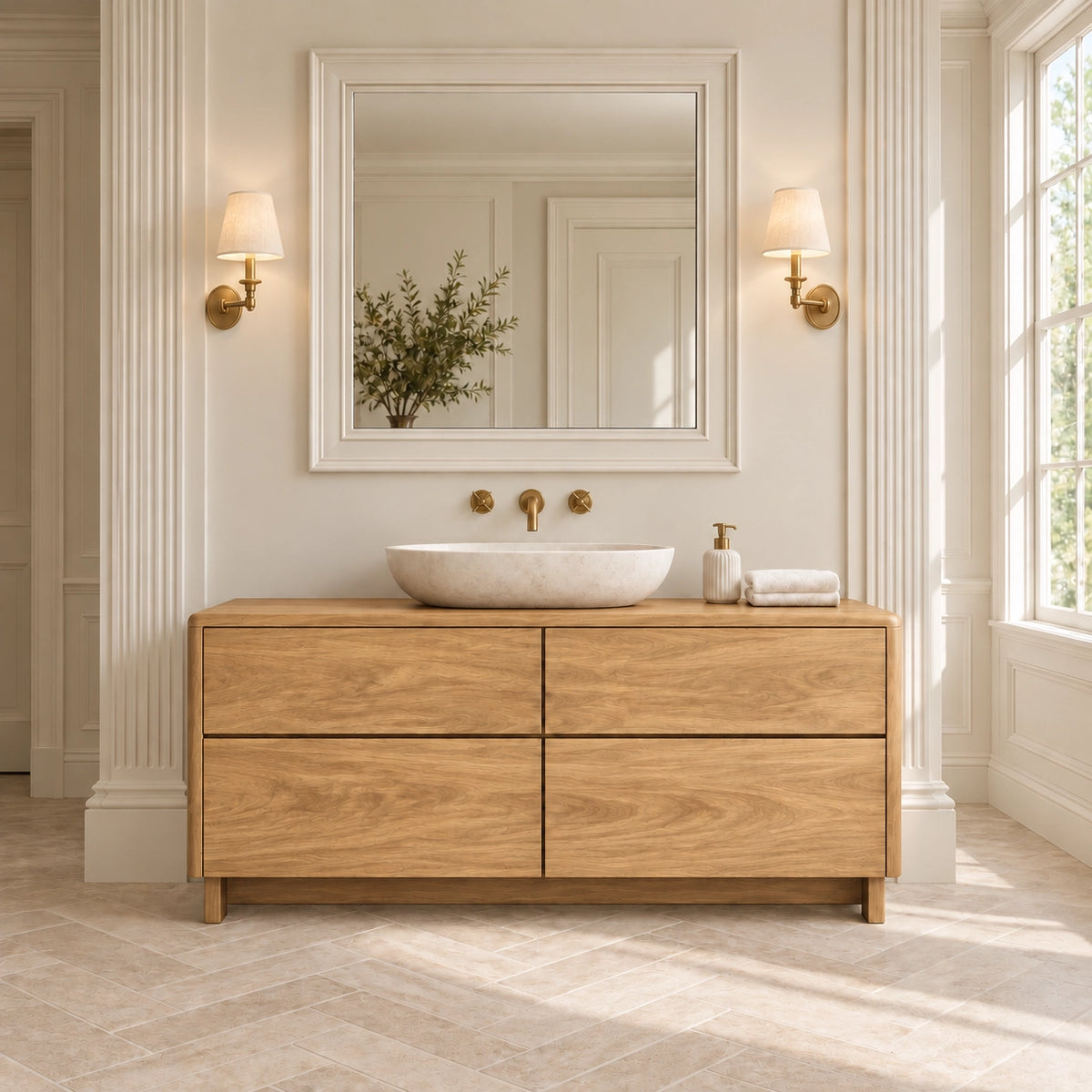 Bathroom Vanity with Four Functional Drawers in Natural Solid Wood - Woodenecho - 8
