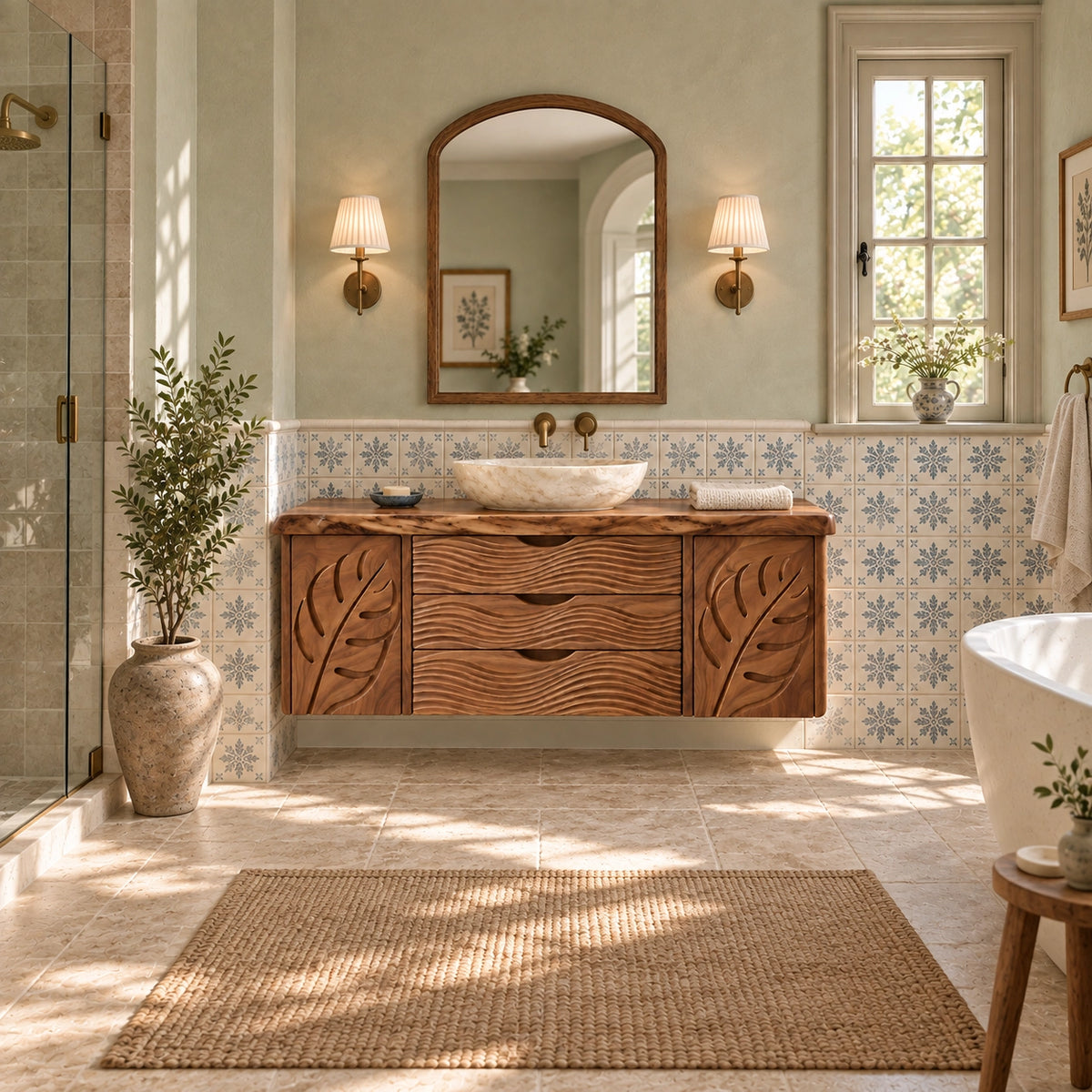 Bathroom Vanity with Leaf-Carved Doors and Wave Drawers in Natural Solid Wood - Woodenecho - 2