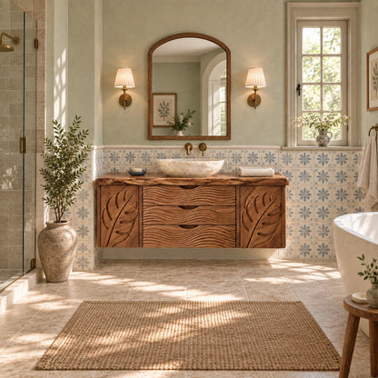 Bathroom Vanity with Leaf-Carved Doors and Wave Drawers in Natural Solid Wood - Woodenecho - 2