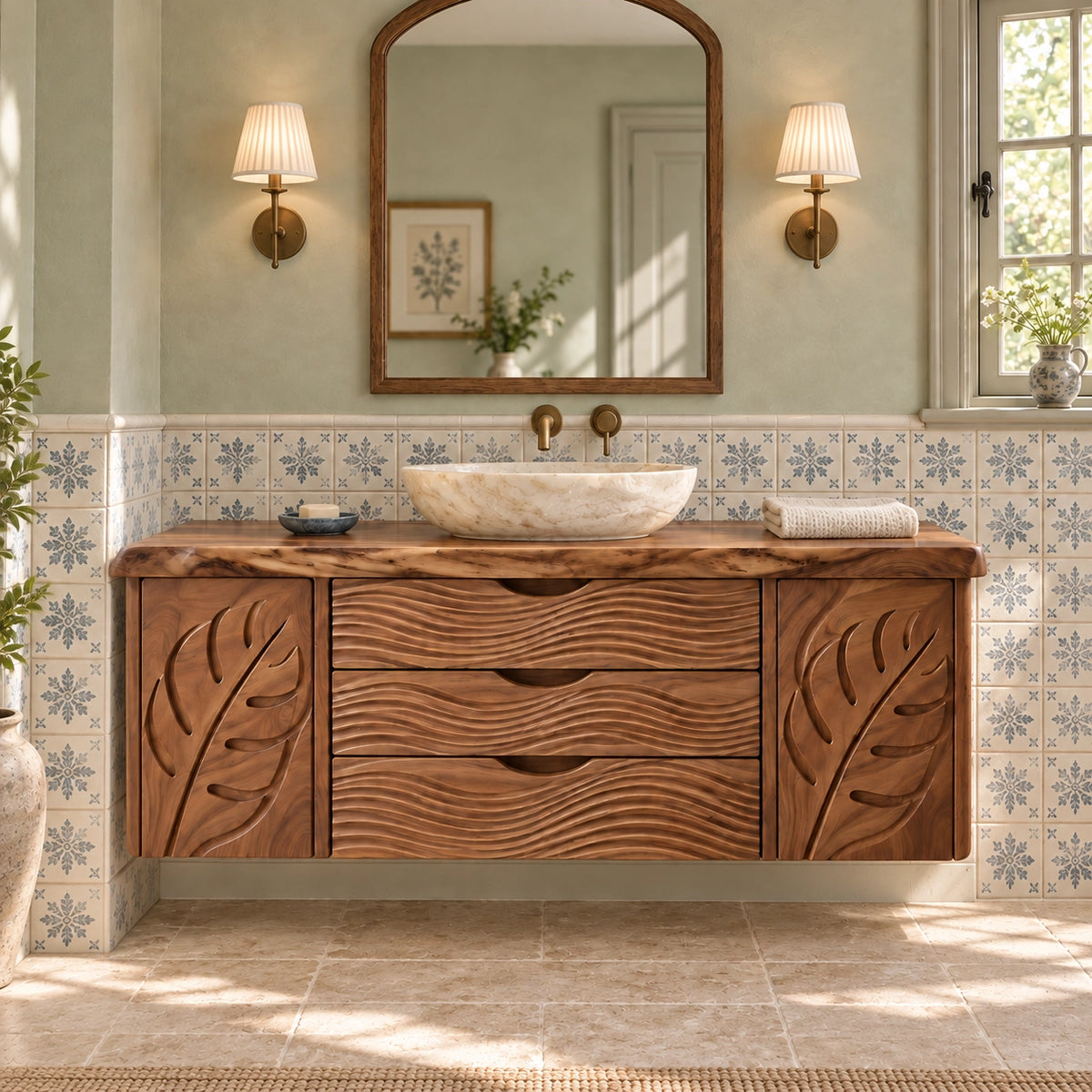Bathroom Vanity with Leaf-Carved Doors and Wave Drawers in Natural Solid Wood - Woodenecho - 3