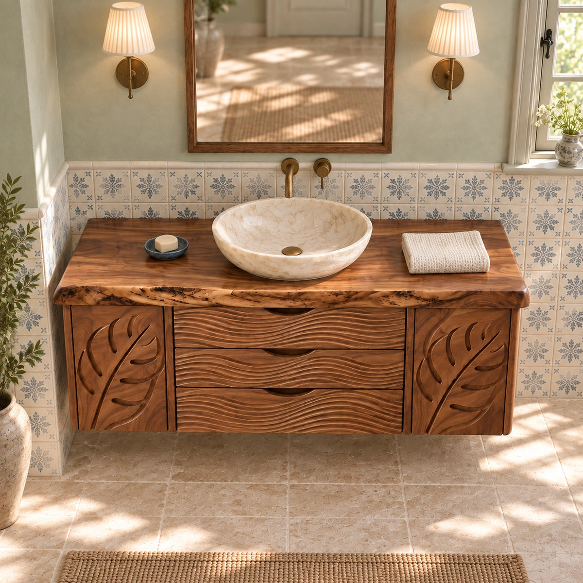 Bathroom Vanity with Leaf-Carved Doors and Wave Drawers in Natural Solid Wood - Woodenecho - 4