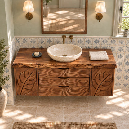 Bathroom Vanity with Leaf-Carved Doors and Wave Drawers in Natural Solid Wood - Woodenecho - 4