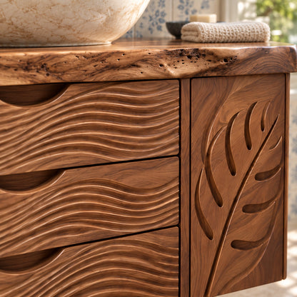 Bathroom Vanity with Leaf-Carved Doors and Wave Drawers in Natural Solid Wood - Woodenecho - 5