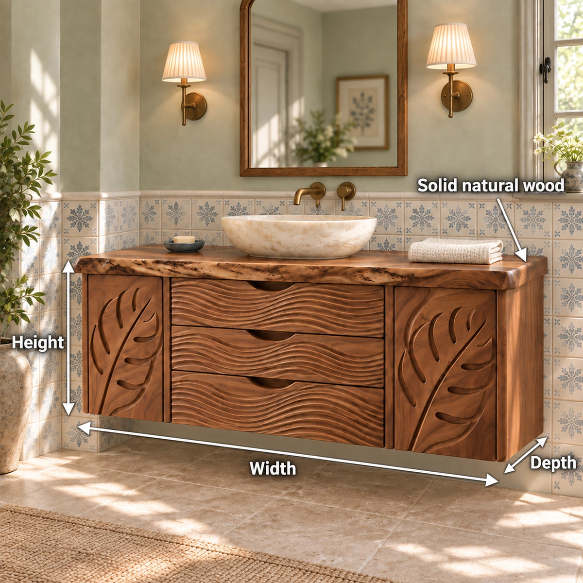 Bathroom Vanity with Leaf-Carved Doors and Wave Drawers in Natural Solid Wood - Woodenecho - 6