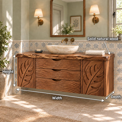 Bathroom Vanity with Leaf-Carved Doors and Wave Drawers in Natural Solid Wood - Woodenecho - 6
