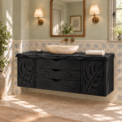 Bathroom Vanity with Leaf-Carved Doors and Wave Drawers in Natural Solid Wood - Woodenecho - 7