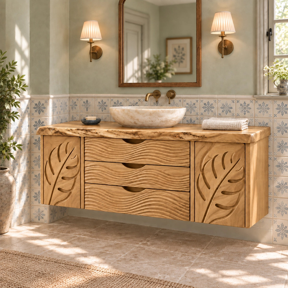 Bathroom Vanity with Leaf-Carved Doors and Wave Drawers in Natural Solid Wood - Woodenecho - 8