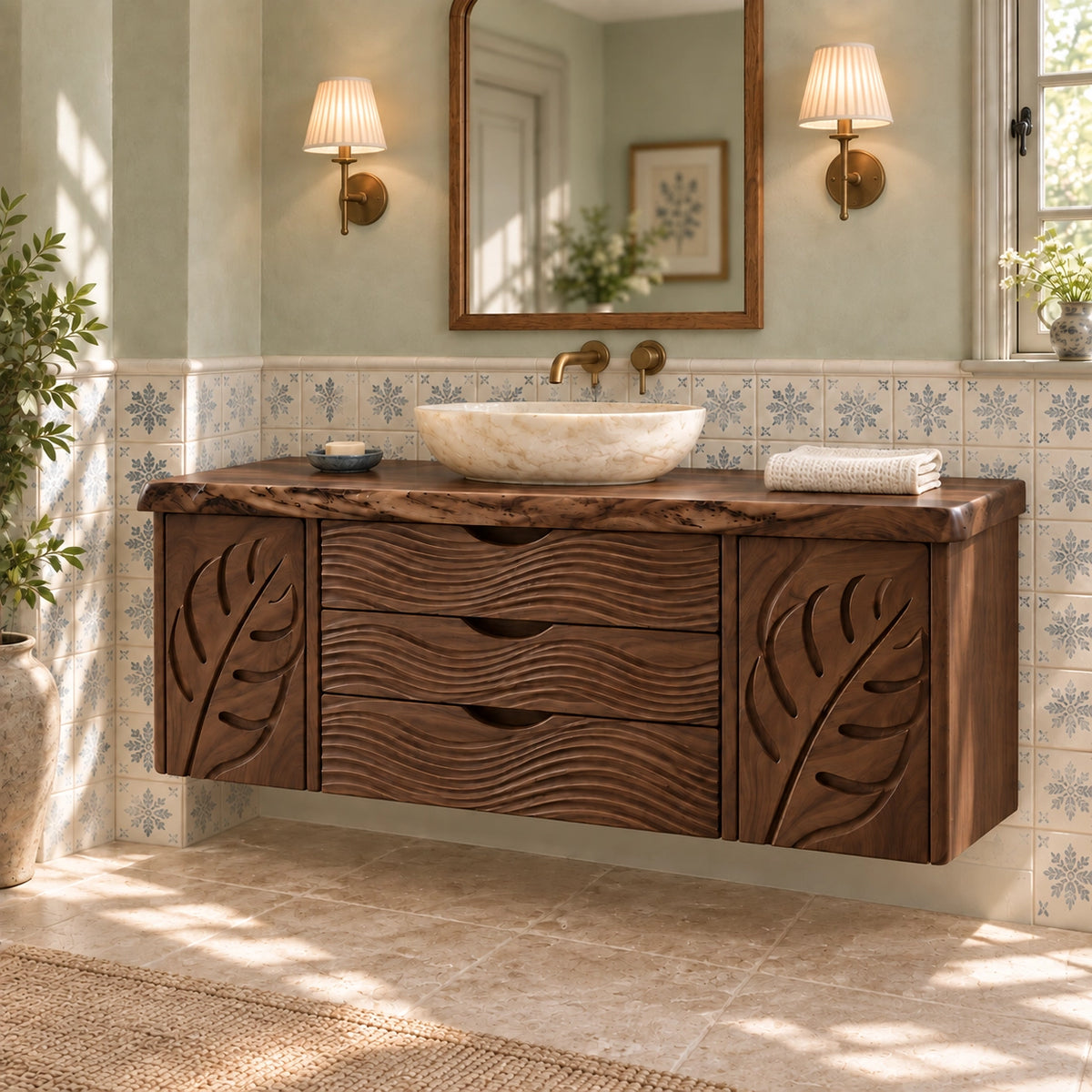 Bathroom Vanity with Leaf-Carved Doors and Wave Drawers in Natural Solid Wood - Woodenecho - 9