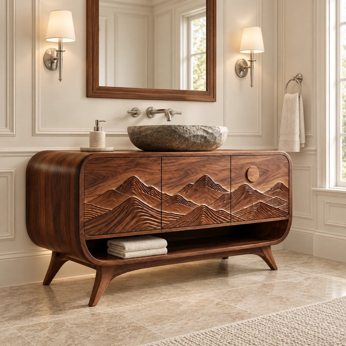 Bathroom Vanity with Mountain-Carved Doors and Open Storage Shelf - Woodenecho - 1