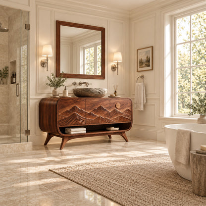 Bathroom Vanity with Mountain-Carved Doors and Open Storage Shelf - Woodenecho - 2