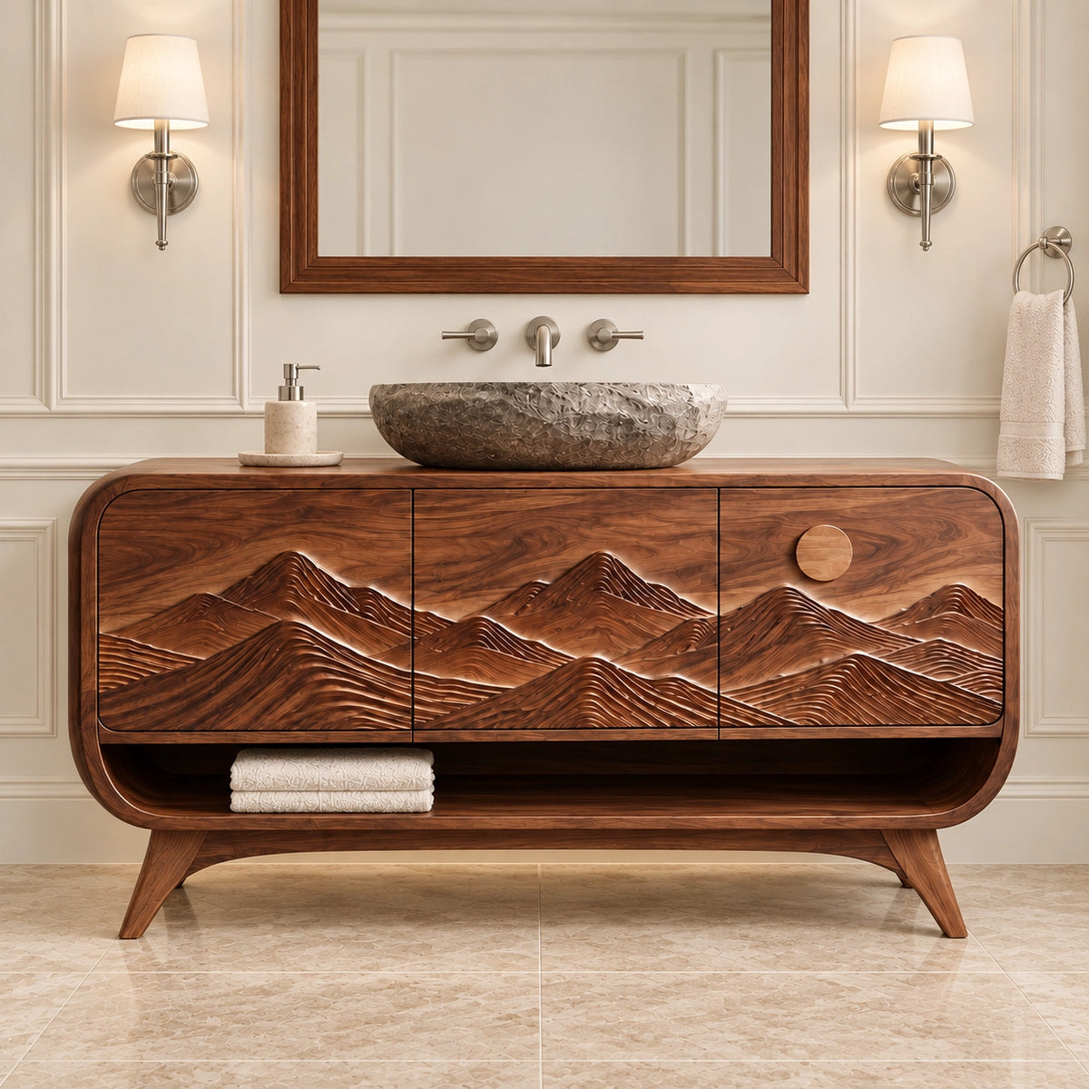 Bathroom Vanity with Mountain-Carved Doors and Open Storage Shelf - Woodenecho - 3