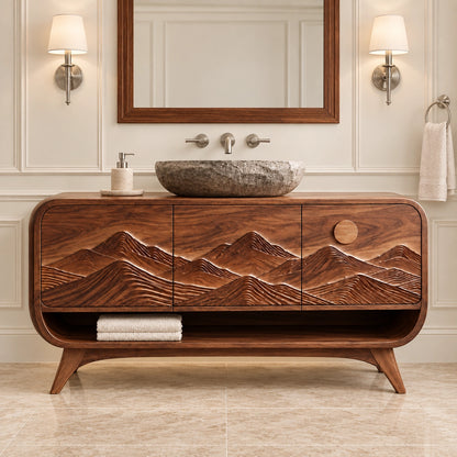 Bathroom Vanity with Mountain-Carved Doors and Open Storage Shelf - Woodenecho - 3