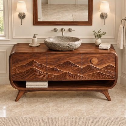 Bathroom Vanity with Mountain-Carved Doors and Open Storage Shelf - Woodenecho - 4